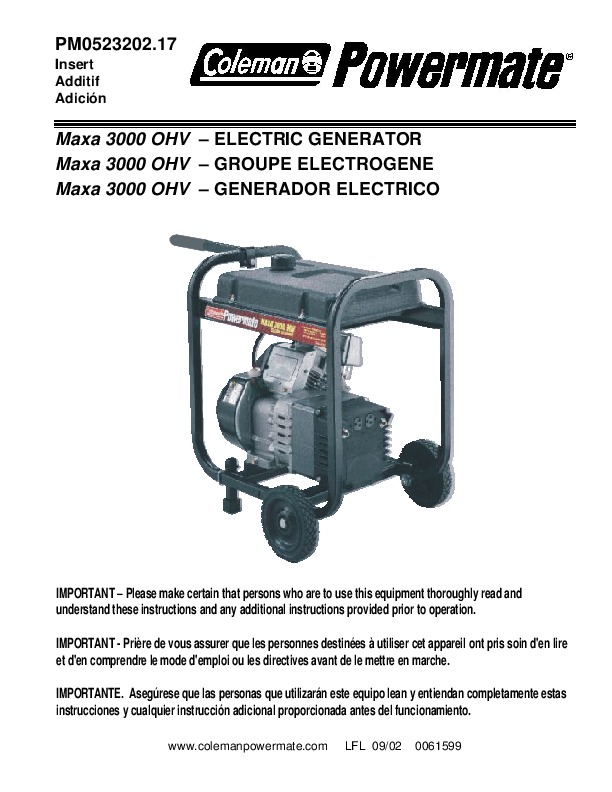 coleman powermate pm800 generator manual